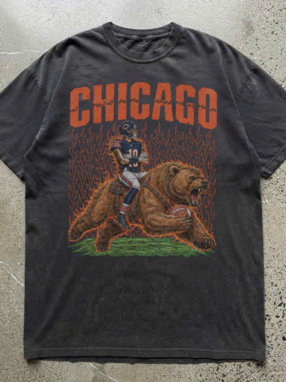 Comfort Chicago Football Player Riding Bear Flames Pepper T-Shirt